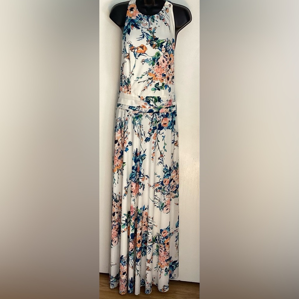 NWOT Zara Floral Maxi Halter Dress in Cream and Blue M